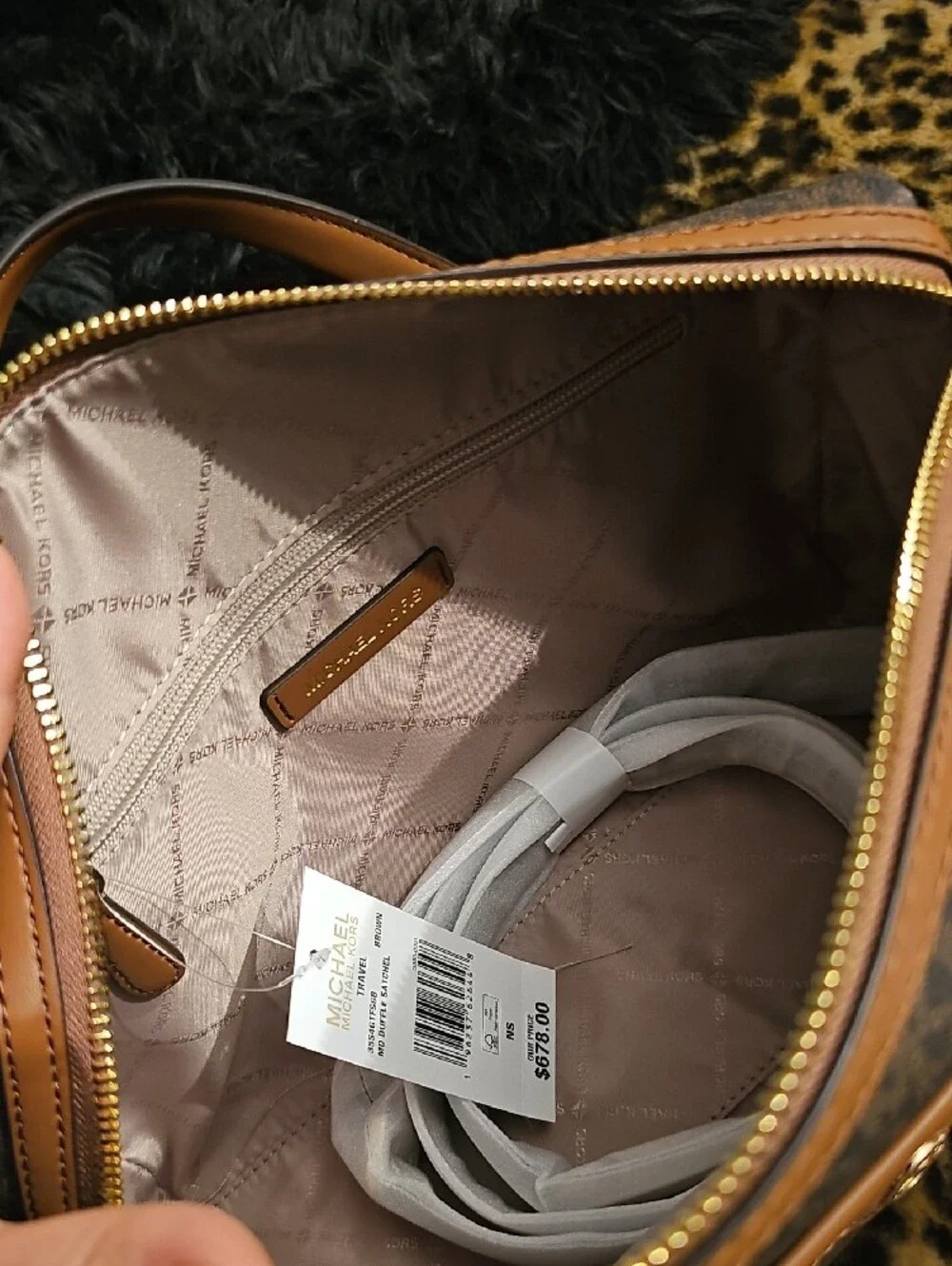 Michael Kors Brown MK Monogram Satchel with Tan Trim
